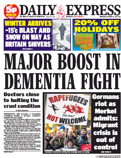 Daily Express Newspaper Front Page (UK) for 13 January 2016