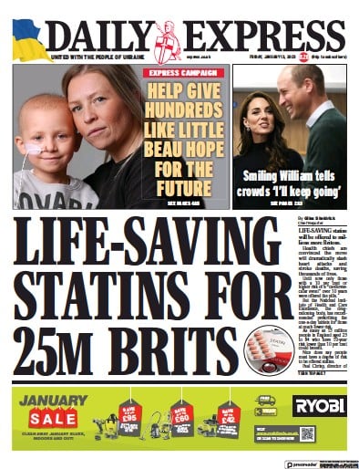 Daily Express Newspaper Front Page (UK) for 13 January 2023