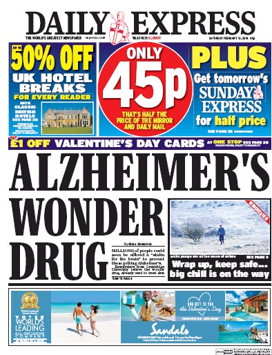 Daily Express Newspaper Front Page (UK) for 13 February 2016