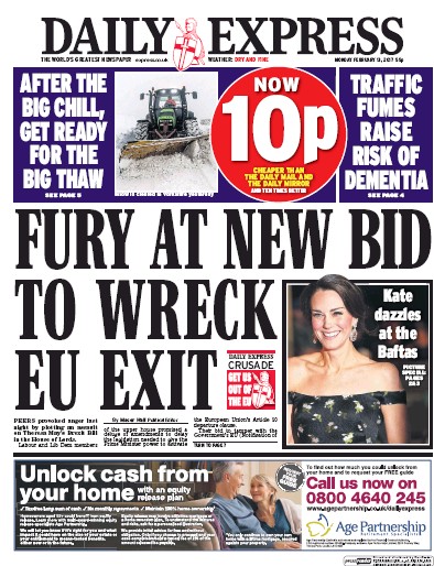 Daily Express Newspaper Front Page (UK) for 13 February 2017
