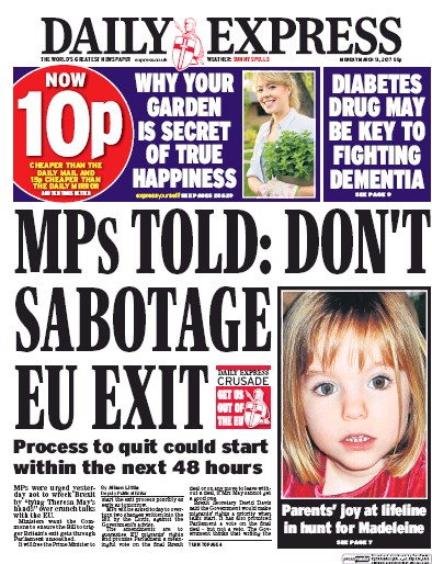 Daily Express Newspaper Front Page (UK) for 13 March 2017