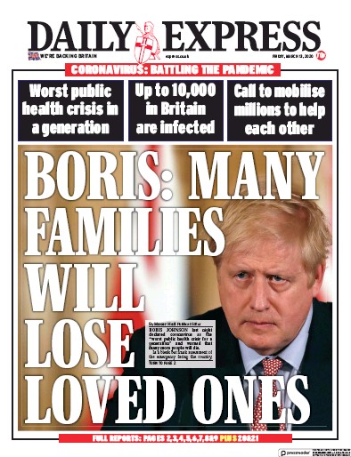 Daily Express Newspaper Front Page (UK) for 13 March 2020