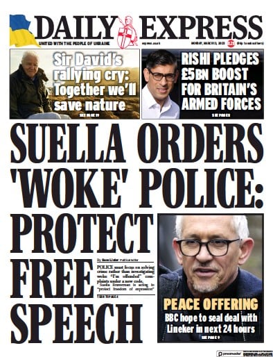 Daily Express Newspaper Front Page (UK) for 13 March 2023