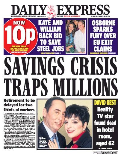 Daily Express Newspaper Front Page (UK) for 13 April 2016