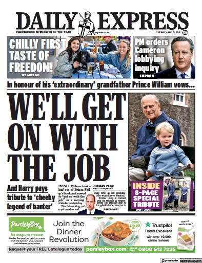 Daily Express Newspaper Front Page (UK) for 13 April 2021