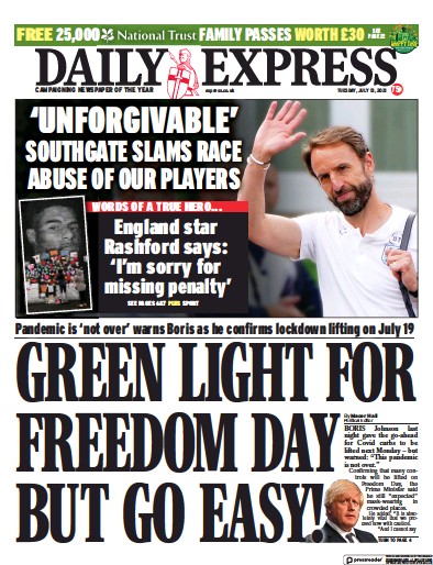 Daily Express Newspaper Front Page (UK) for 13 July 2021