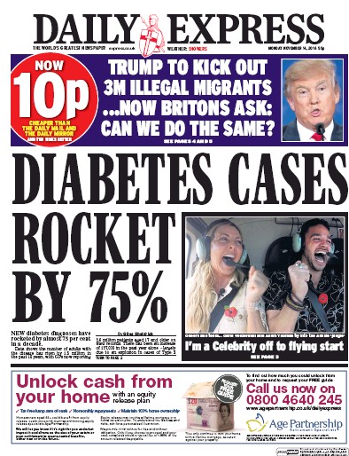 Daily Express Newspaper Front Page (UK) for 14 November 2016