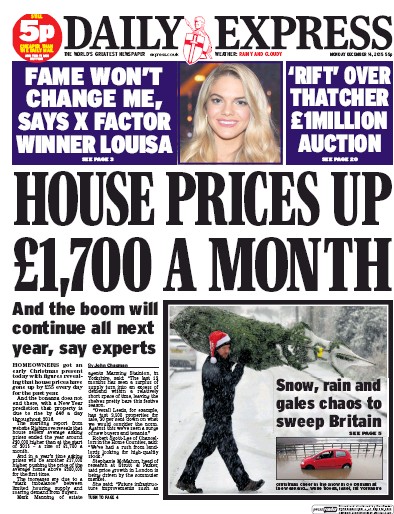 Daily Express Newspaper Front Page (UK) for 14 December 2015