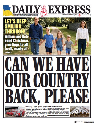 Daily Express Newspaper Front Page (UK) for 14 December 2022