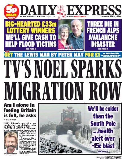 Daily Express Newspaper Front Page (UK) for 14 January 2016