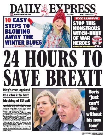 Daily Express Newspaper Front Page (UK) for 14 January 2019