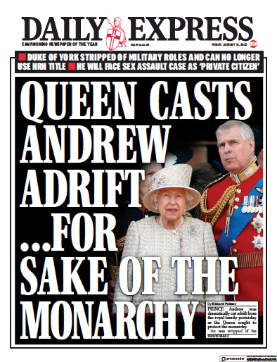 Daily Express Newspaper Front Page (UK) for 14 January 2022