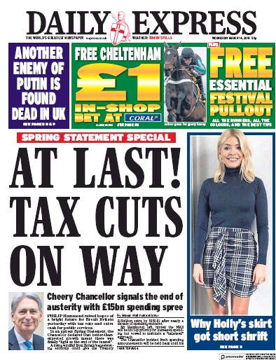 Daily Express Newspaper Front Page (UK) for 14 March 2018