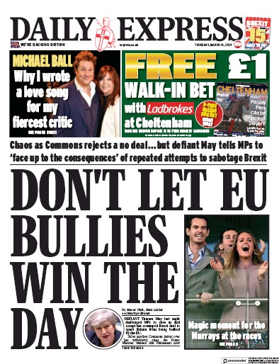 Daily Express Newspaper Front Page (UK) for 14 March 2019