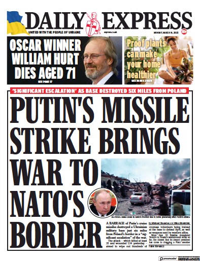 Daily Express Newspaper Front Page (UK) for 14 March 2022