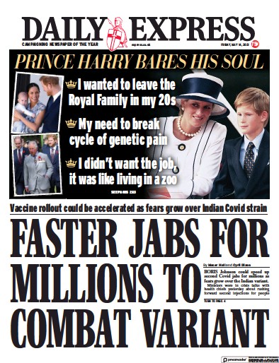 Daily Express Newspaper Front Page (UK) for 14 May 2021