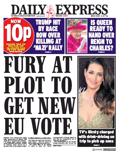 Daily Express Newspaper Front Page (UK) for 14 August 2017