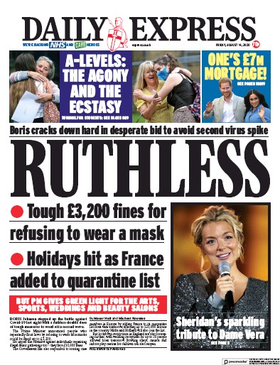 Daily Express Newspaper Front Page (UK) for 14 August 2020