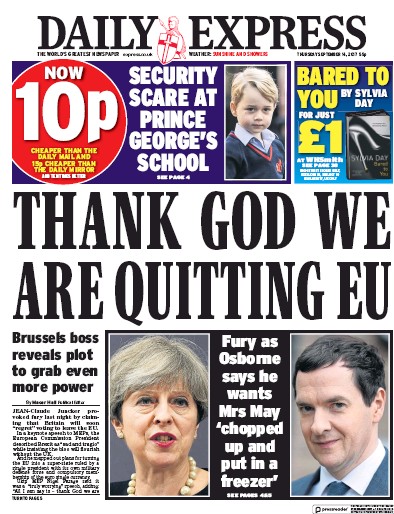 Daily Express Newspaper Front Page (UK) for 14 September 2017