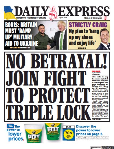 Daily Express Newspaper Front Page (UK) for 14 September 2023