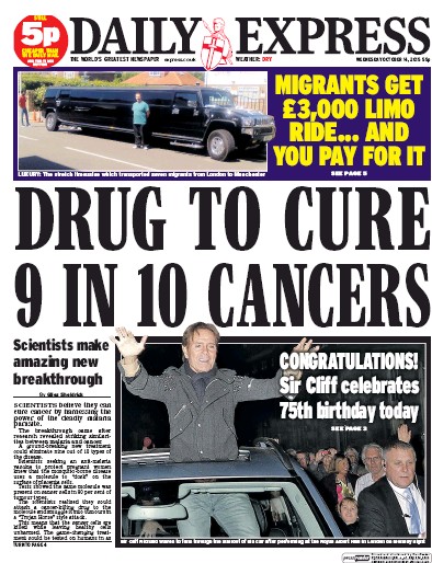 Daily Express Newspaper Front Page (UK) for 15 October 2015