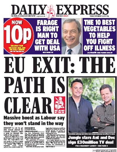 Daily Express Newspaper Front Page (UK) for 15 November 2016