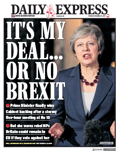 Daily Express Newspaper Front Page (UK) for 15 November 2018