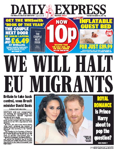 Daily Express Newspaper Front Page (UK) for 15 December 2016