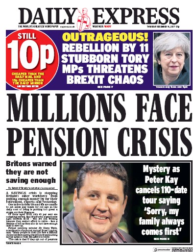 Daily Express Newspaper Front Page (UK) for 15 December 2017