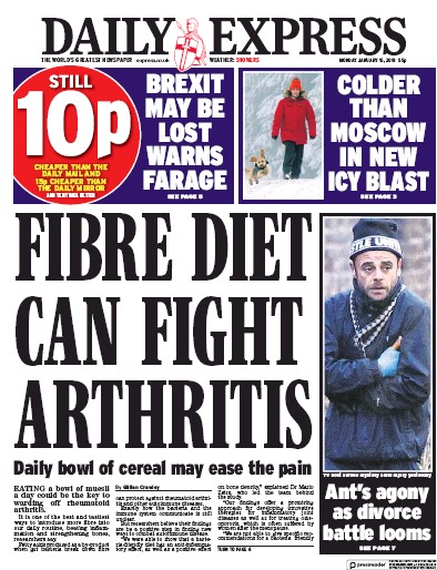 Daily Express Newspaper Front Page (UK) for 15 January 2018