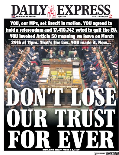 Daily Express Newspaper Front Page (UK) for 15 January 2019