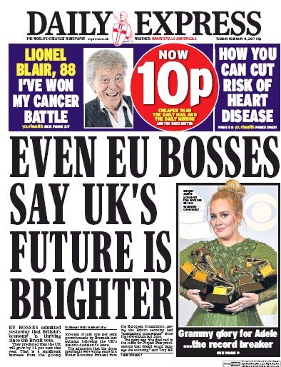 Daily Express Newspaper Front Page (UK) for 15 February 2017