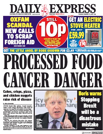 Daily Express Newspaper Front Page (UK) for 15 February 2018
