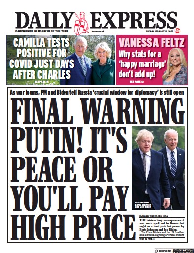 Daily Express Newspaper Front Page (UK) for 15 February 2022