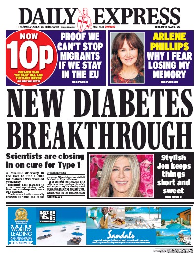Daily Express Newspaper Front Page (UK) for 15 April 2016