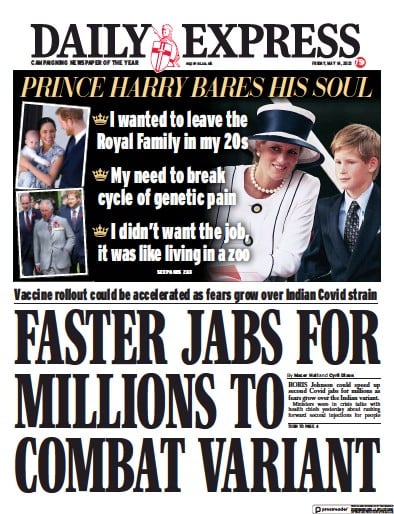 Daily Express Newspaper Front Page (UK) for 15 May 2021