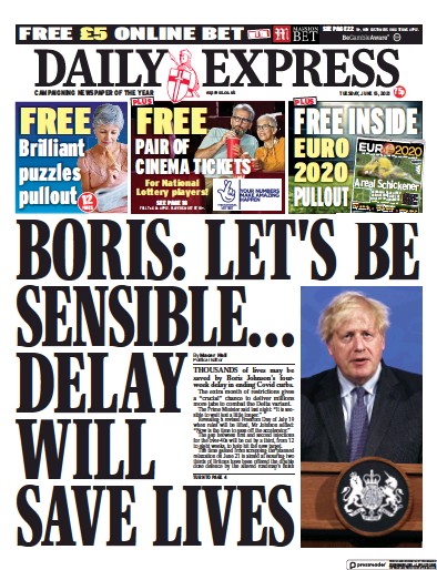 Daily Express Newspaper Front Page (UK) for 15 June 2021