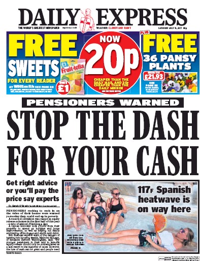 Daily Express Newspaper Front Page (UK) for 15 July 2017