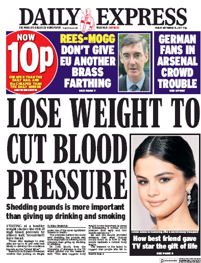 Daily Express Newspaper Front Page (UK) for 15 September 2017