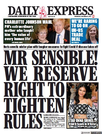 Daily Express Newspaper Front Page (UK) for 15 September 2021