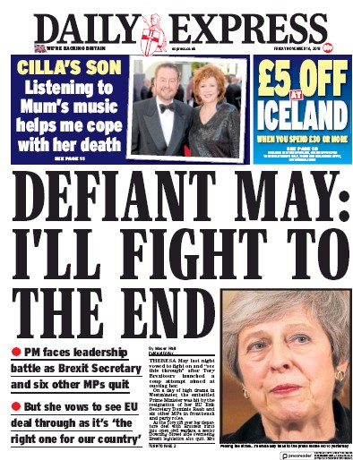 Daily Express Newspaper Front Page (UK) for 16 November 2018