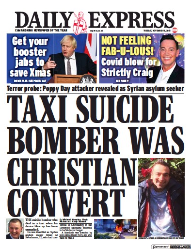 Daily Express Newspaper Front Page (UK) for 16 November 2021