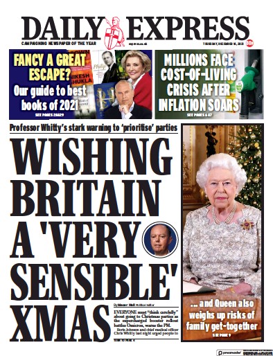 Daily Express Newspaper Front Page (UK) for 16 December 2021