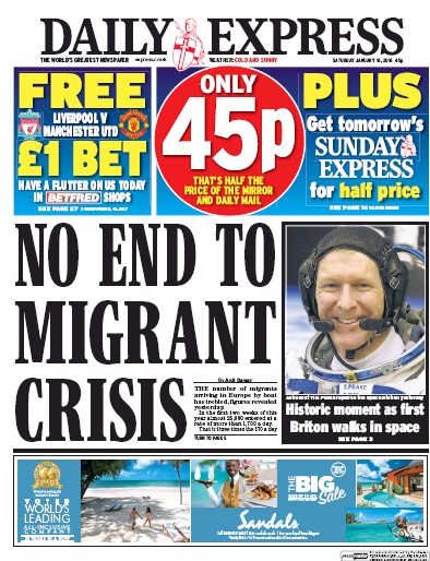 Daily Express Newspaper Front Page (UK) for 16 January 2016