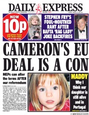 Daily Express (UK) Newspaper Front Page for 16 February 2016