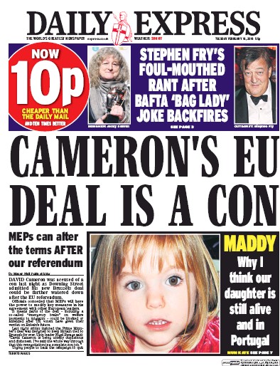 Daily Express Newspaper Front Page (UK) for 16 February 2016