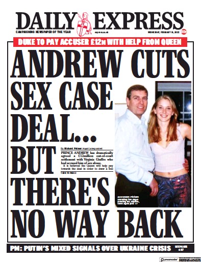 Daily Express Newspaper Front Page (UK) for 16 February 2022