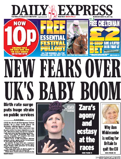 Daily Express Newspaper Front Page (UK) for 16 March 2016