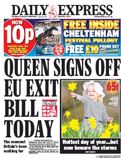 Daily Express Newspaper Front Page (UK) for 16 March 2017