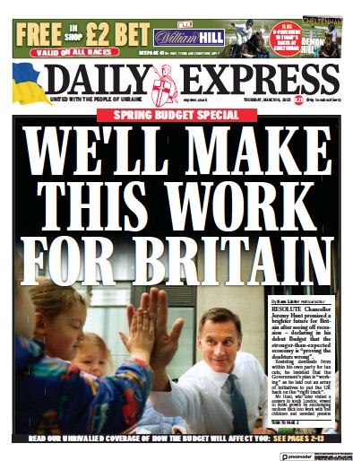 Daily Express Newspaper Front Page (UK) for 16 March 2023